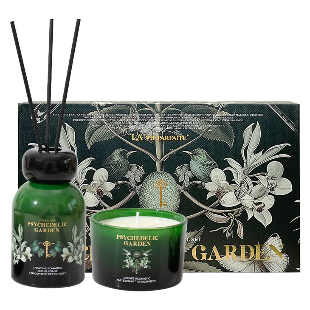 Forêt Noire dark green botanical diffuser and candle set